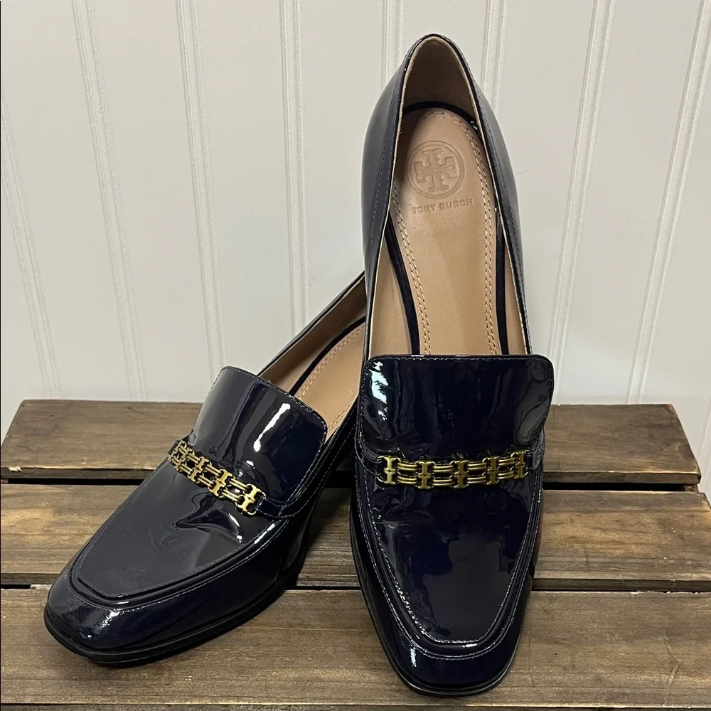 Tory Burch Navy Gemini Link Patent Mid Heel Loafers
